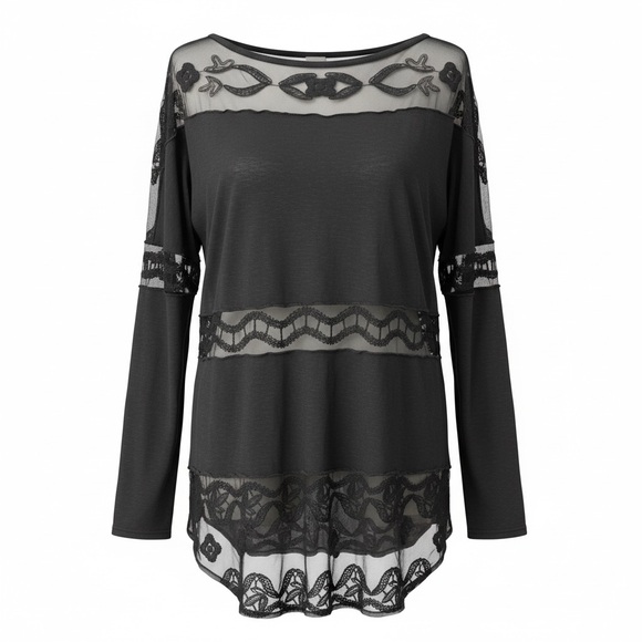 Free People black sheer lace long-sleeve blouse/top - Picture 2 of 6